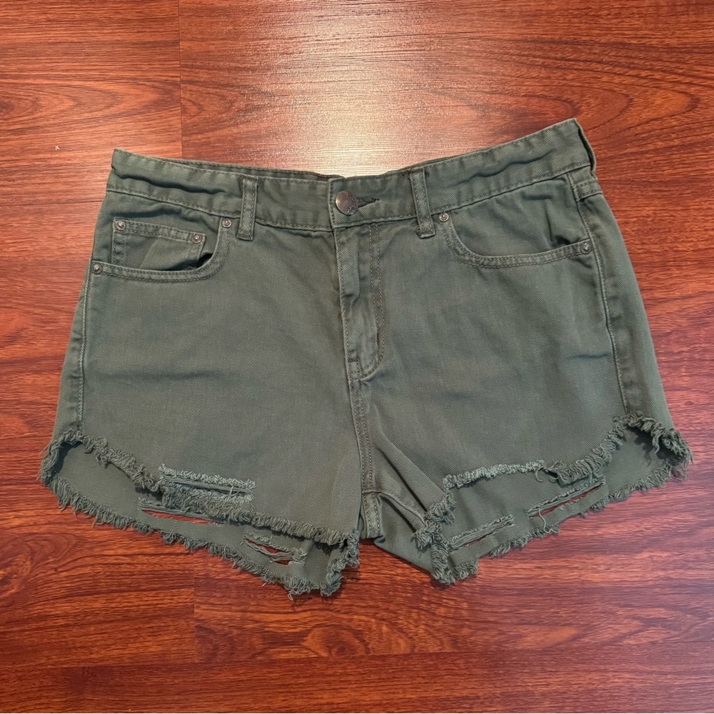 Free People Olive Green Frayed Jean Shorts